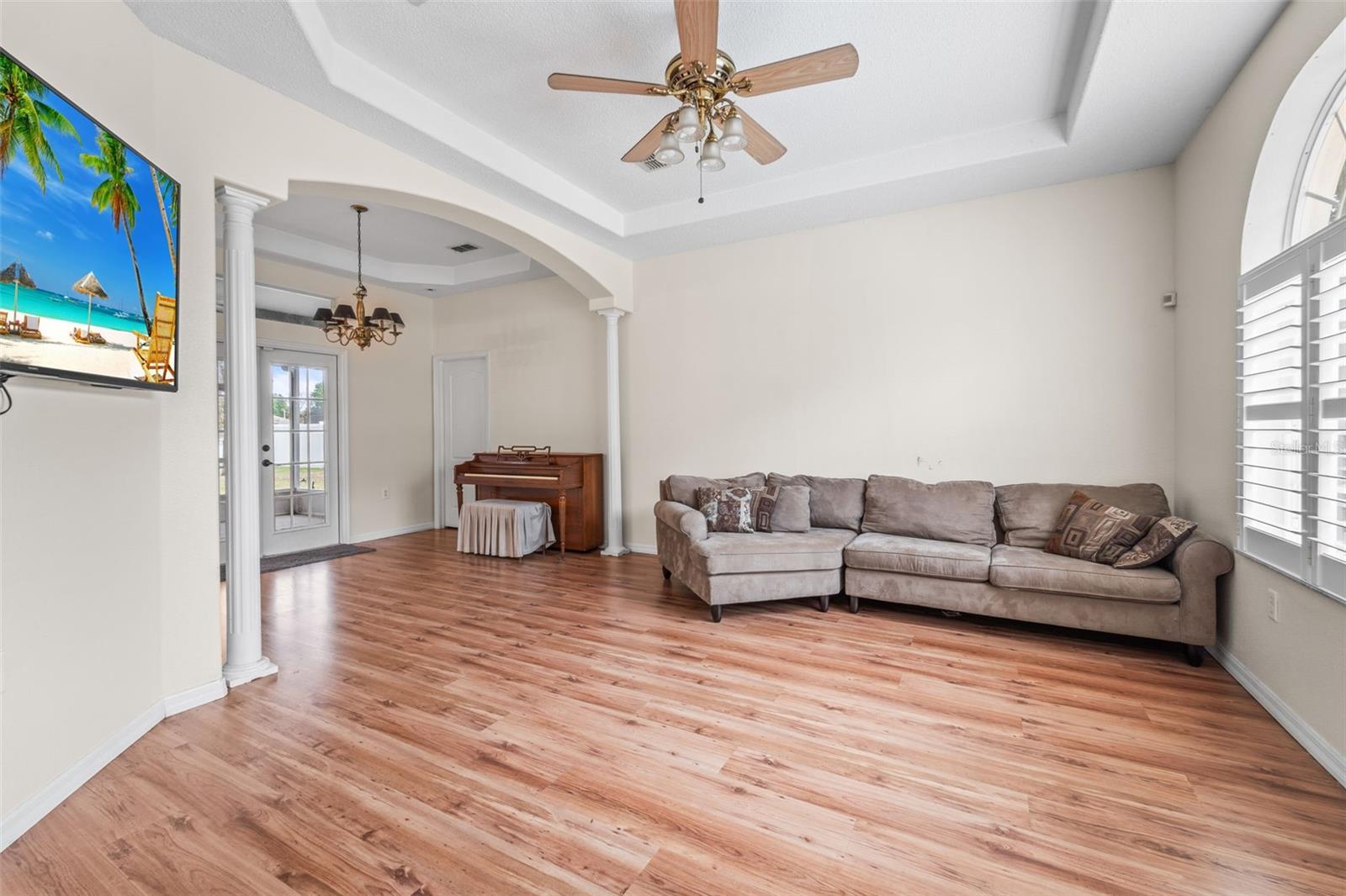 Living room with dining room view