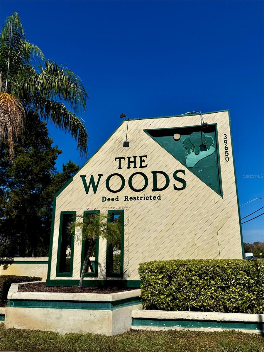 The Woods Sign from US 19N.