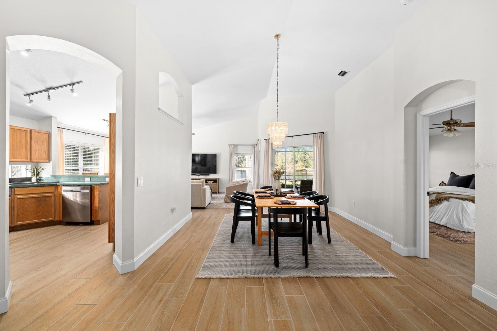 The dining room is spacious and can accommodate a very large tables, or even a few tables.