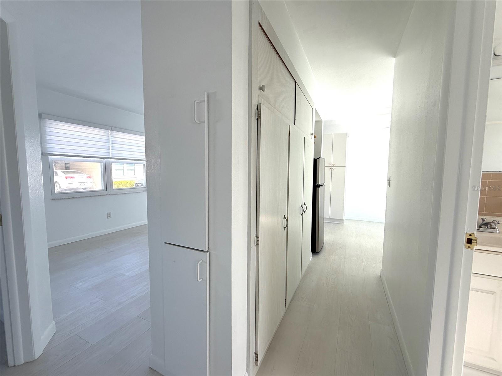 The living room at the front of the home and the hallway leading to the kitchen featuring lots of pantry/storage closets.