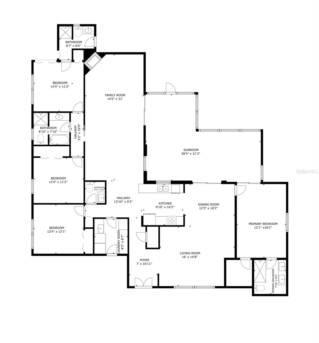 Matterport Floor plan with measurements. Attached oversized  garage opens to the front of the home. Open pool with pool deck. Privacy fence