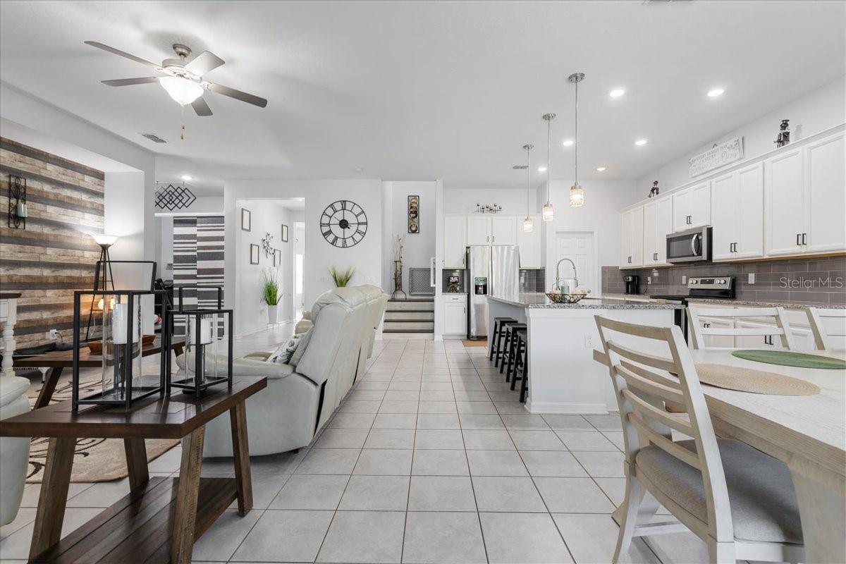 living room, kitchen, dining