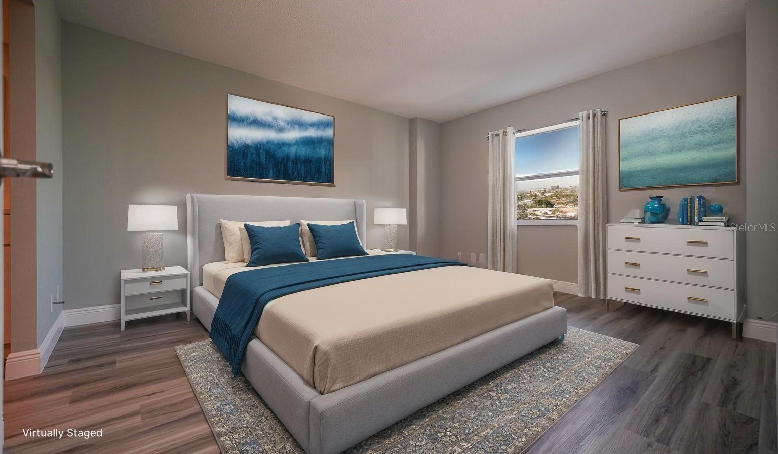 Primary Bedroom with En-Suite Bathroom and Walk in Closet .Digital Staging