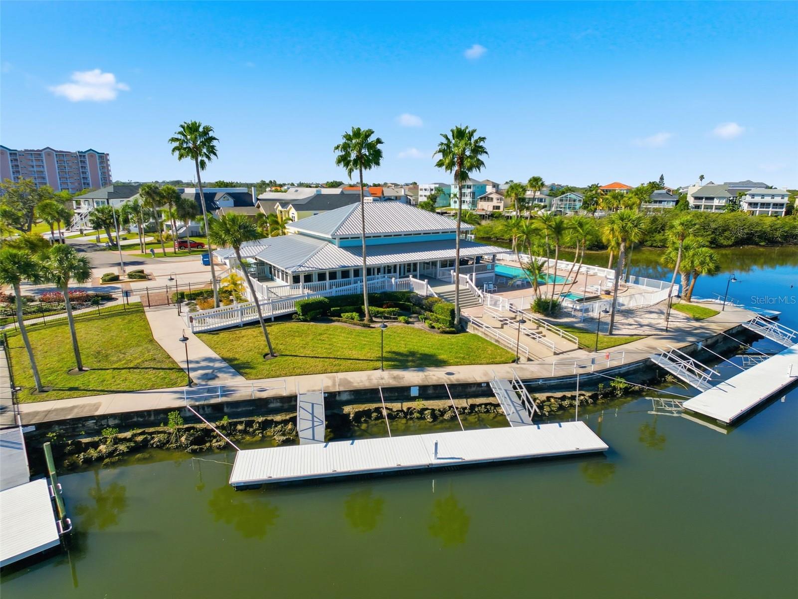 Aerial view of the clubhouse and docs