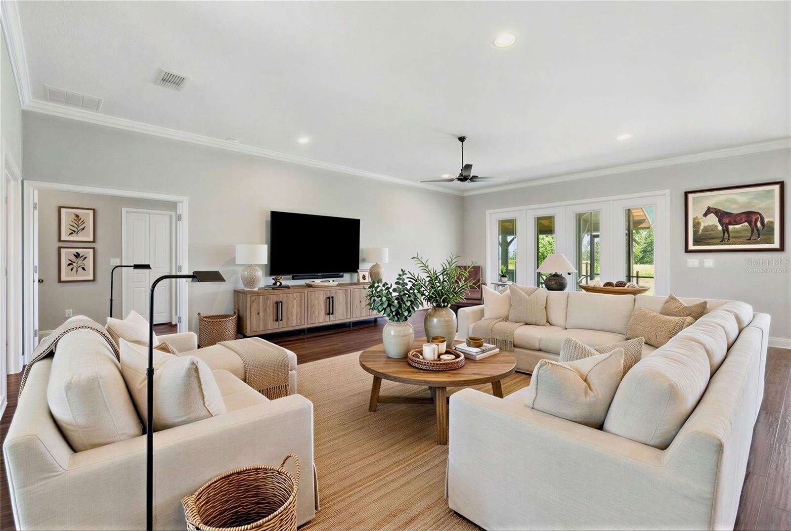 modern home on  5.18 acres open living kitchen virtually staged