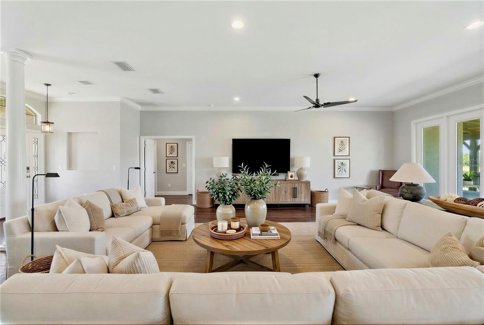 modern home on  5.18 acres open living kitchen virtually staged