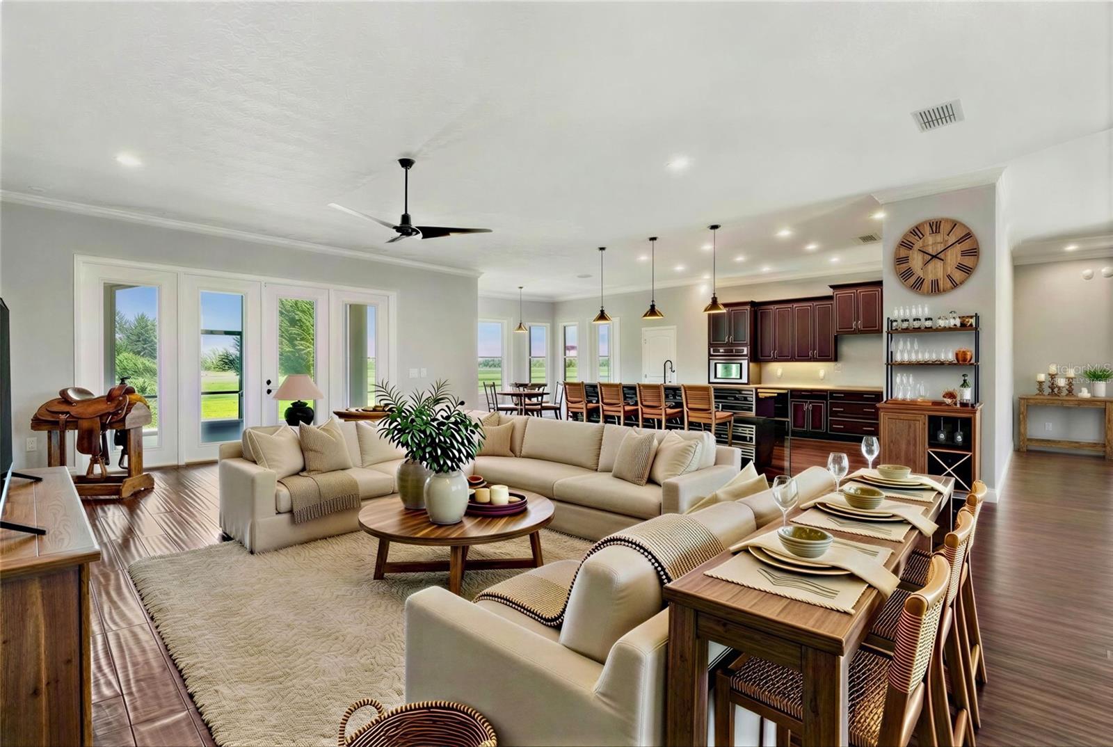 modern home on  5.18 acres open living kitchen virtually staged