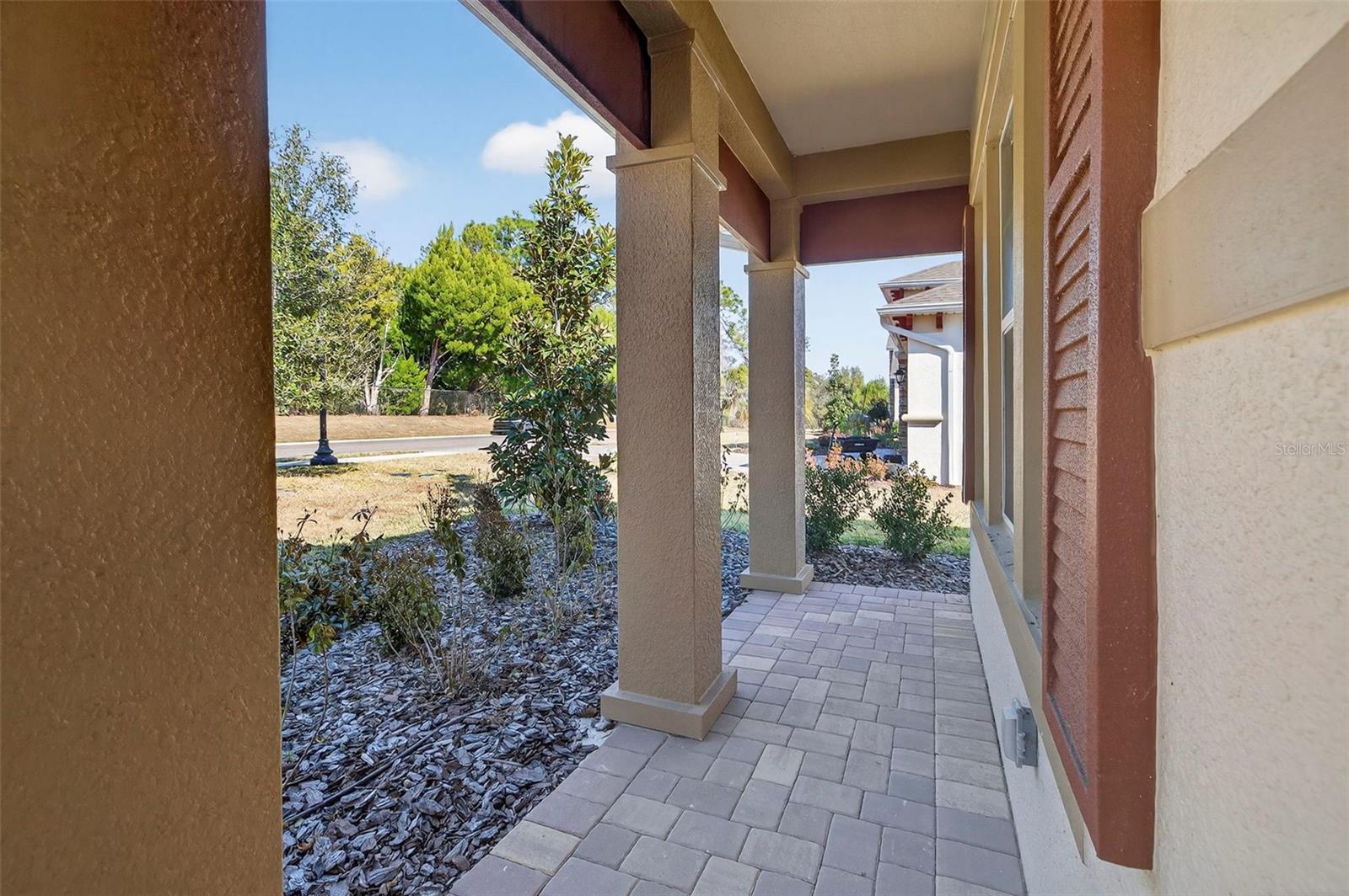 Brick paved covered seating area