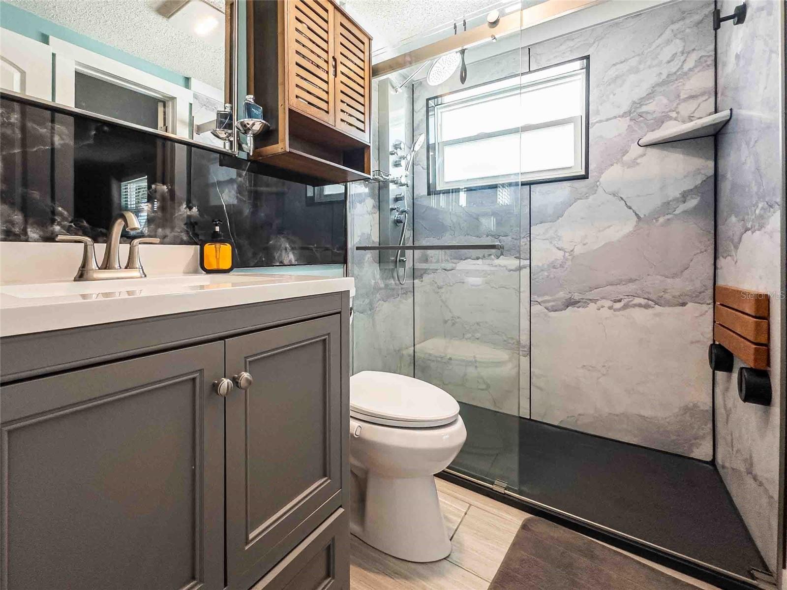 Bench folds up for convenience.