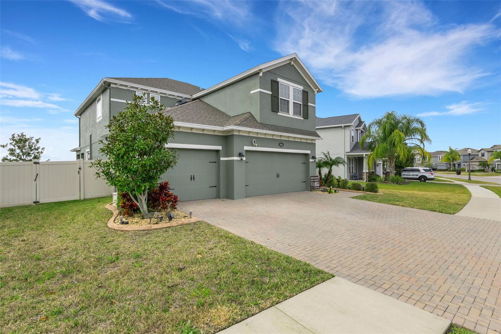 Front view of 3 car garage