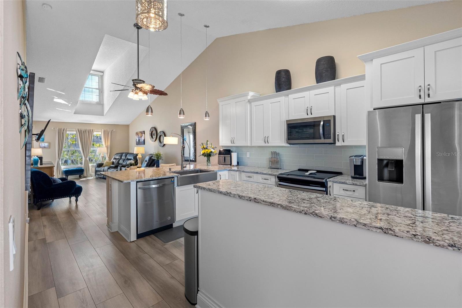 Gleaming quartz countertops.