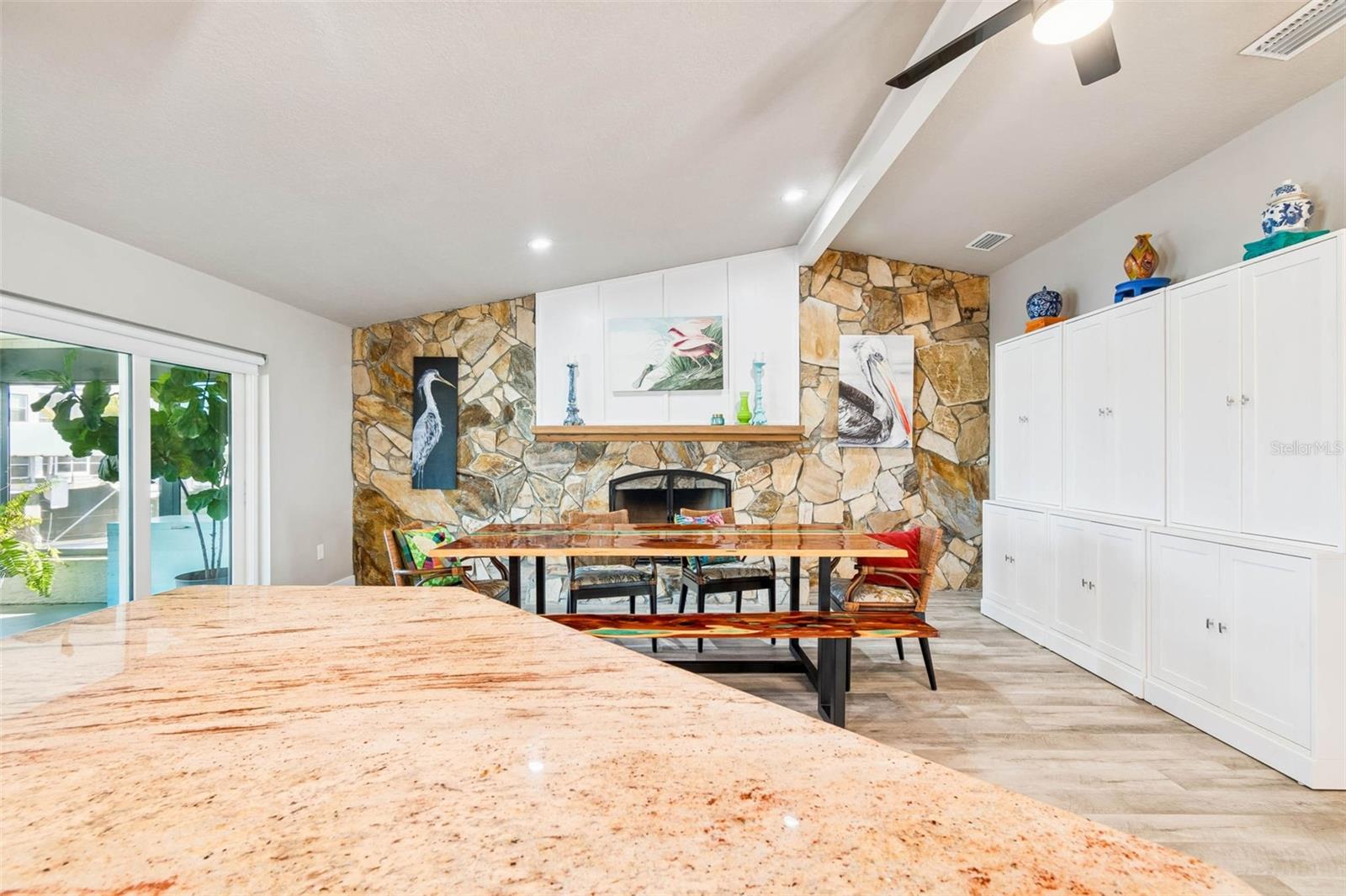 Dining area – wood-burning fireplace feature