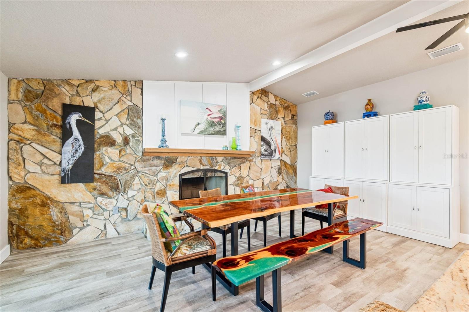 Dining area – wood-burning fireplace feature