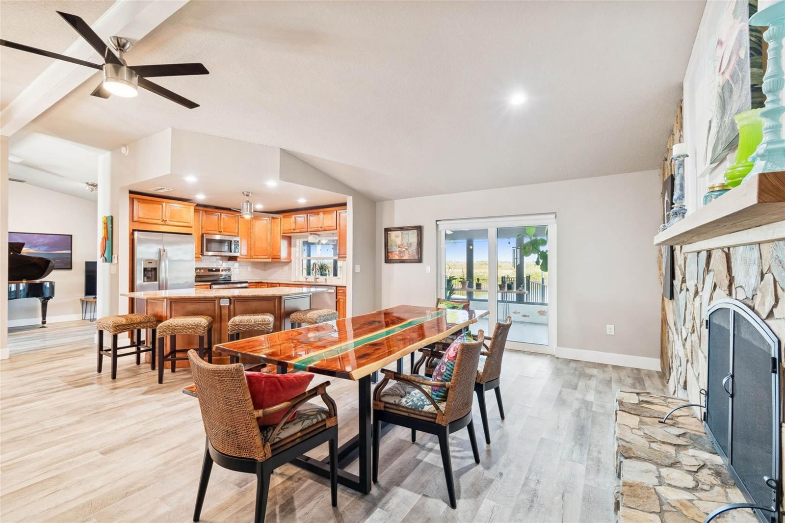 Dining area – wood-burning fireplace feature