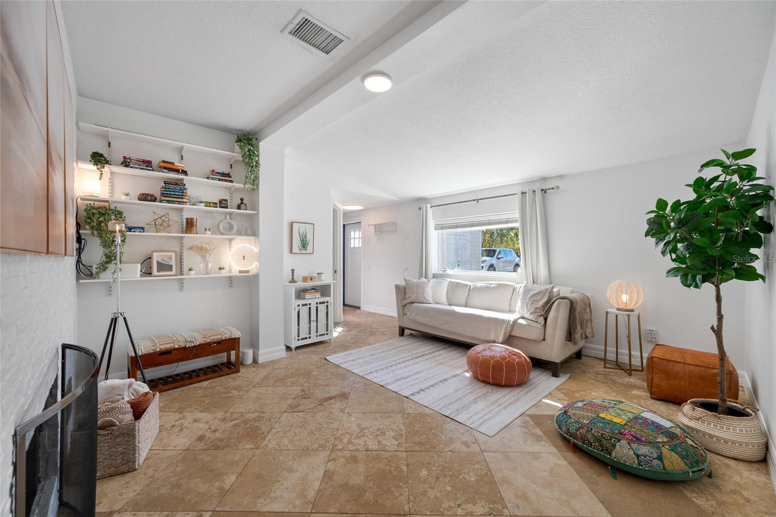 Living room with built in shelving