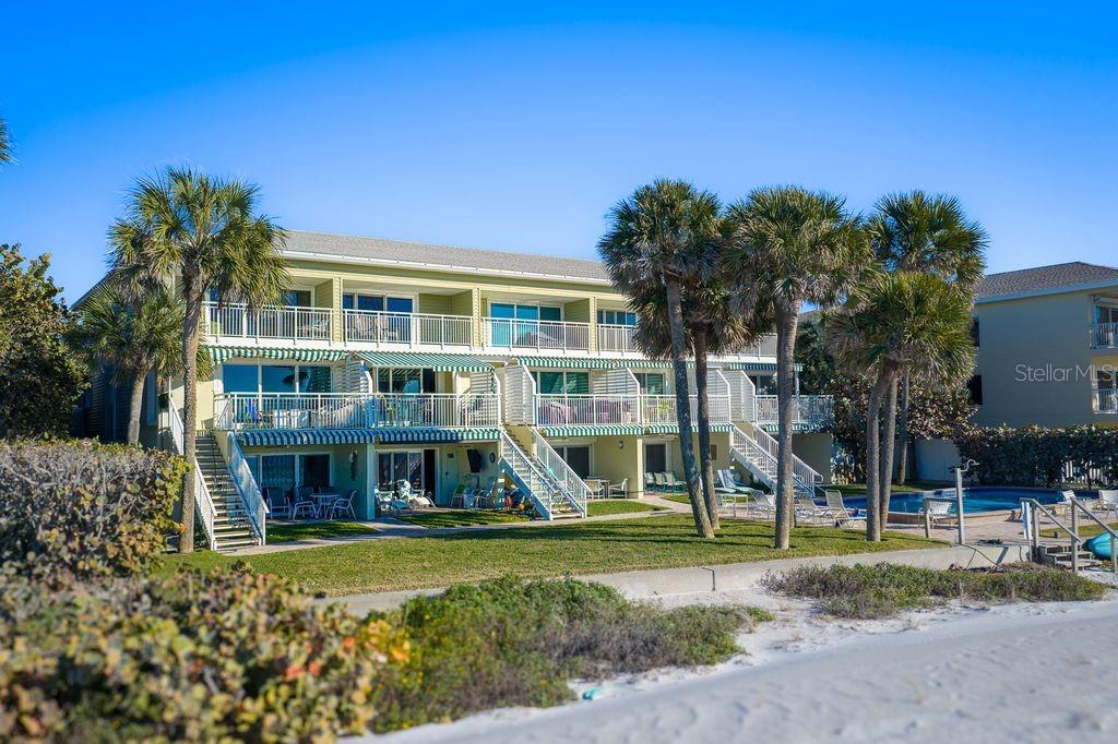 Landscaping enhances the outdoor environs.