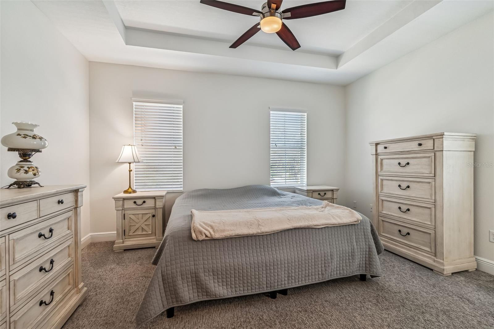 Spacious and serene, the primary suite features double windows, tray ceiling, and light-toned furniture creating a cozy, balanced ambiance.