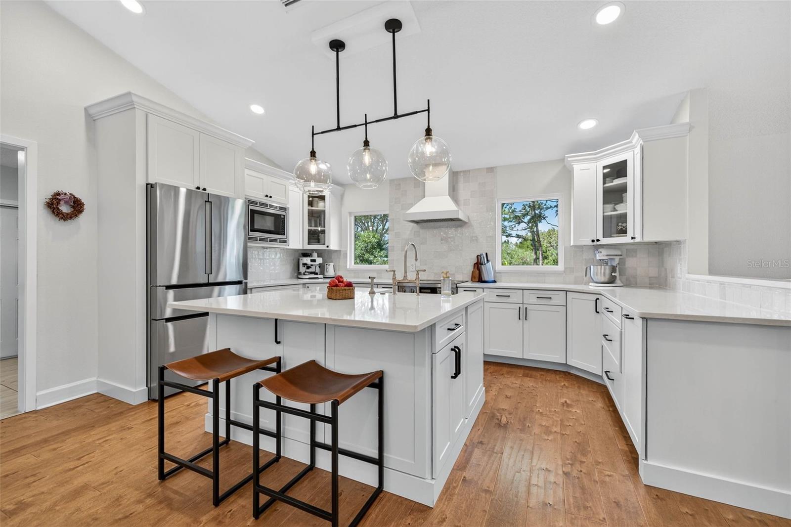 Quartz countertops and statement prep island