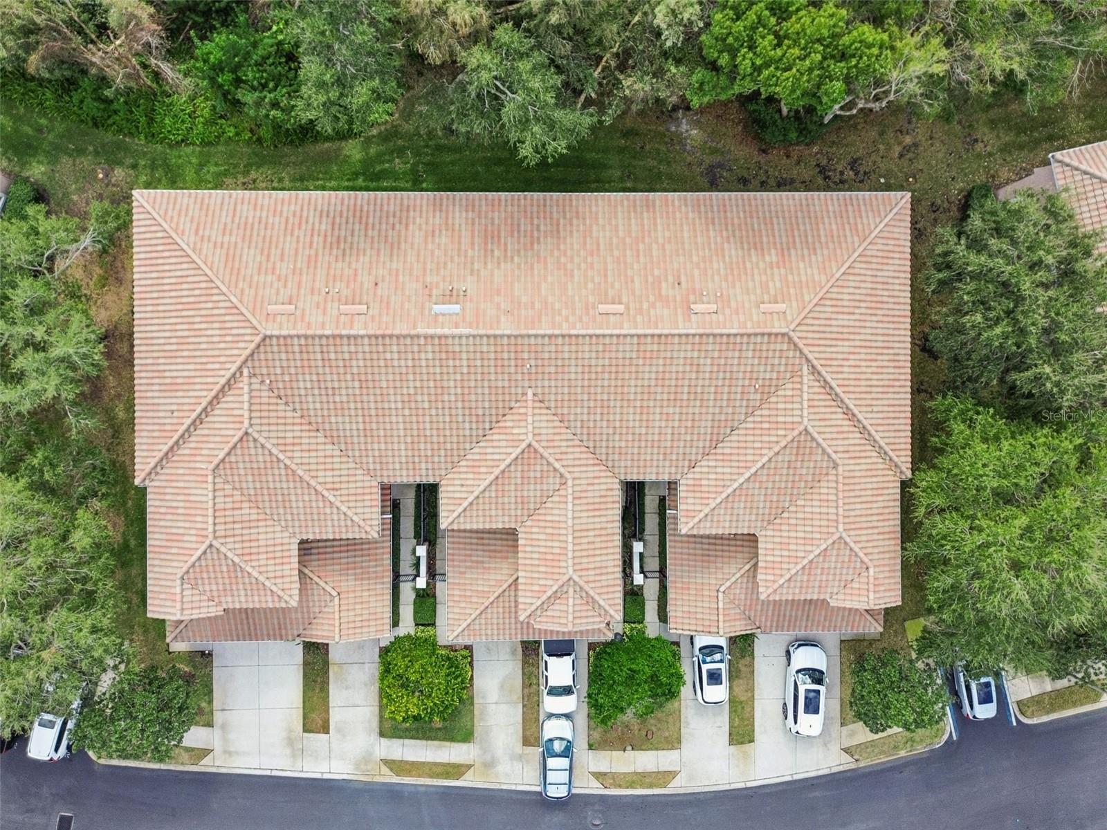 A stunning aerial perspective showcases the immaculate tile roofs, symmetrical architecture, and peaceful tree-lined buffer at the rear of this elegant Coachman Reserve building.