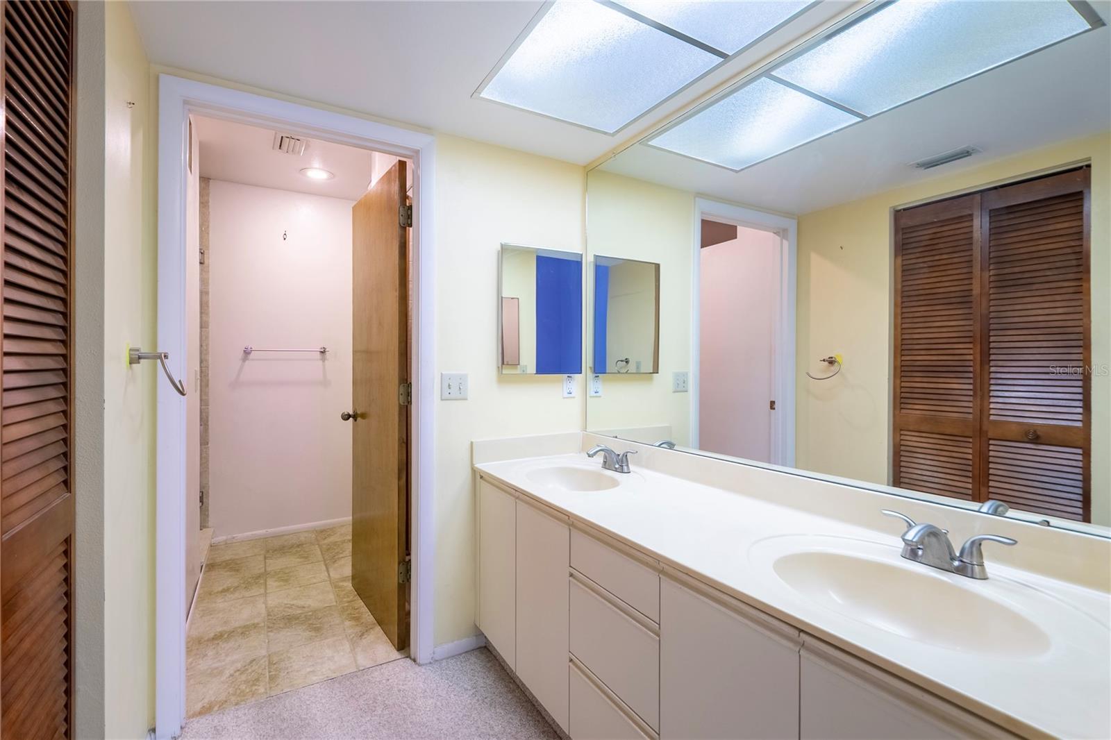 Primary bathroom vanity and door leading to shower/commode area
