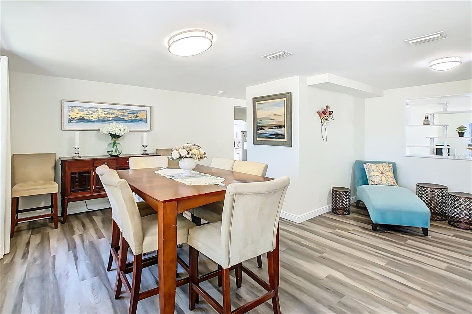 Dining area flowing into living spaces