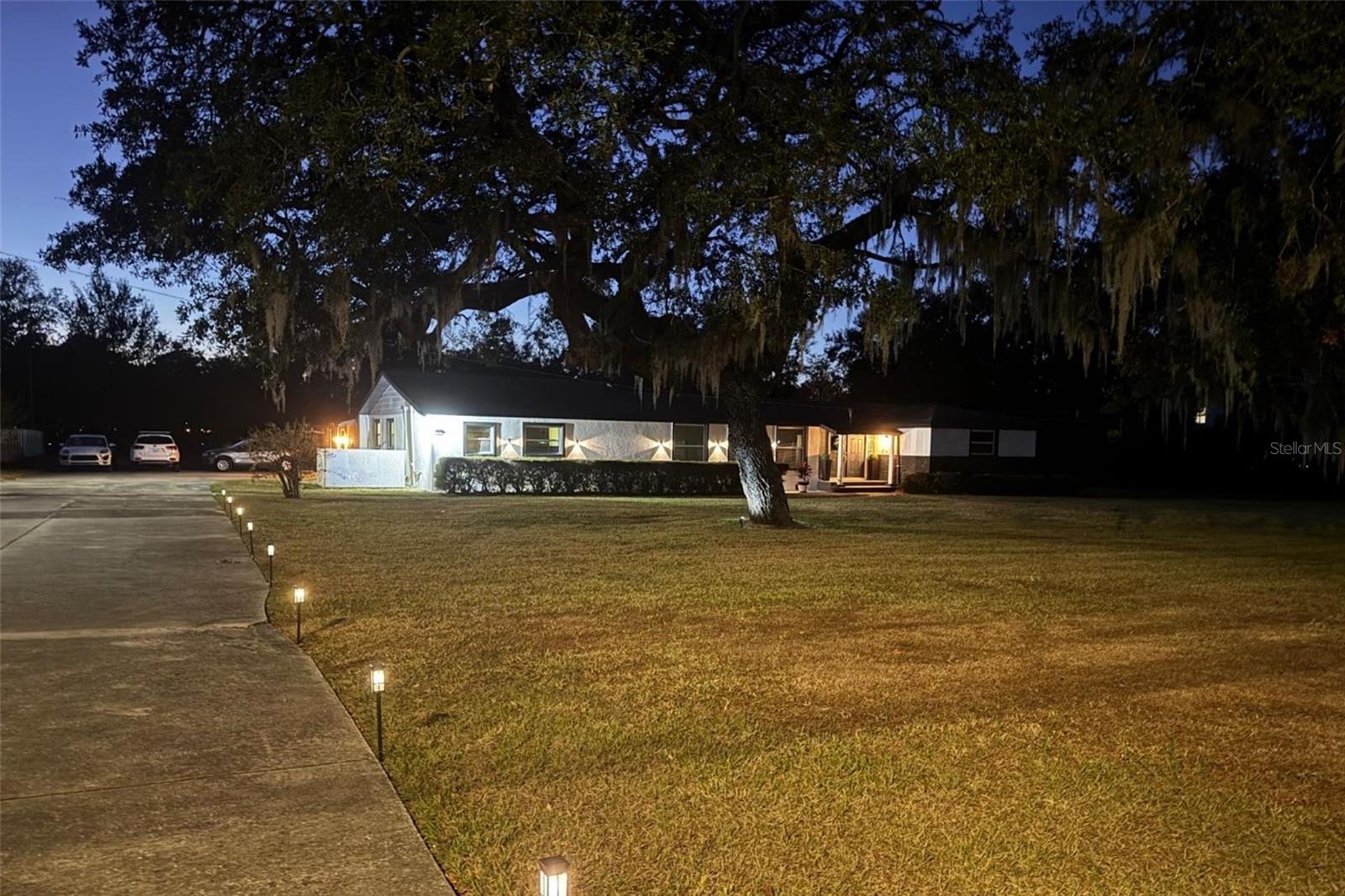 Twilight view of driveway and frontage