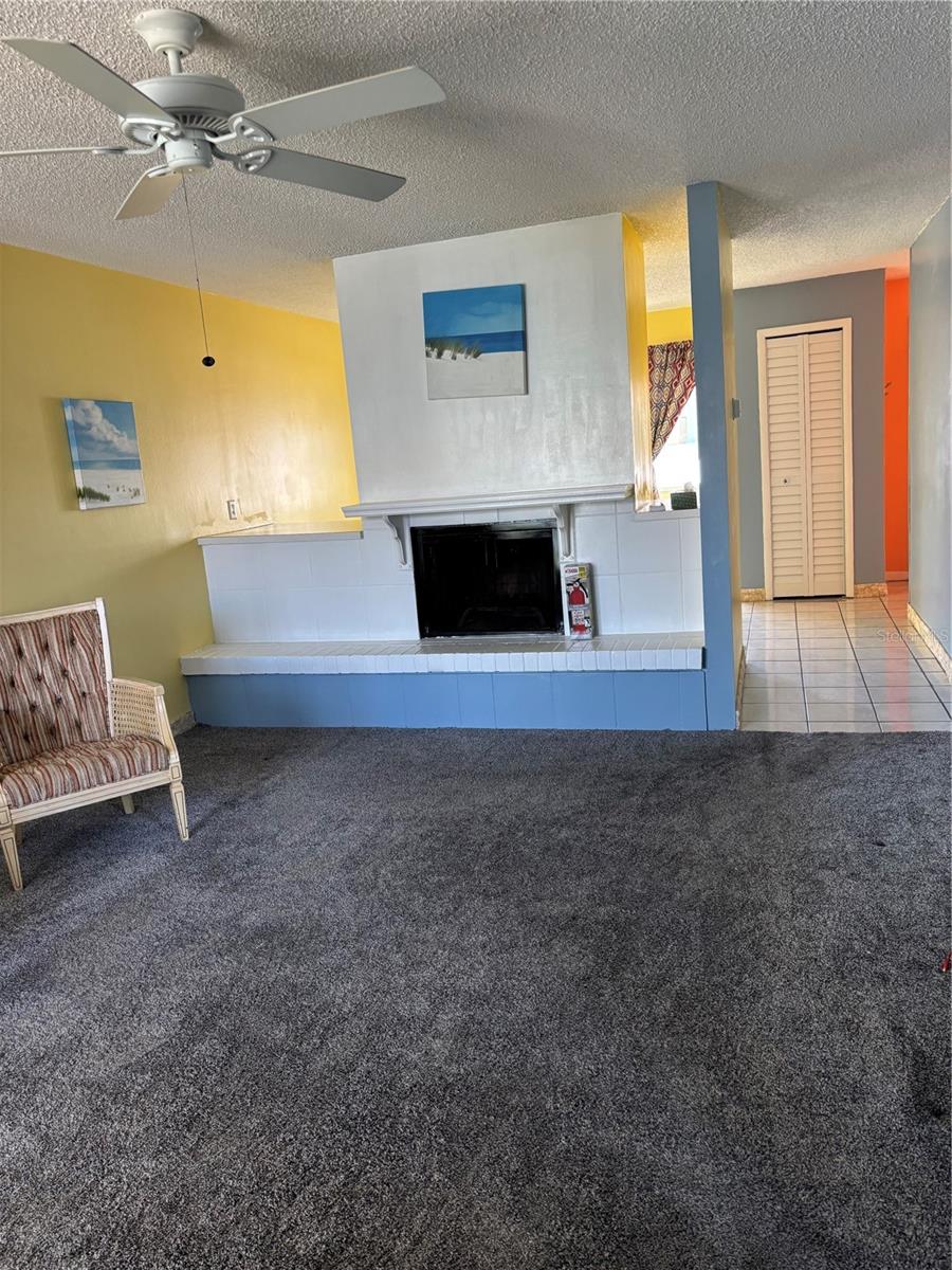 Living room showing wood buring fireplace