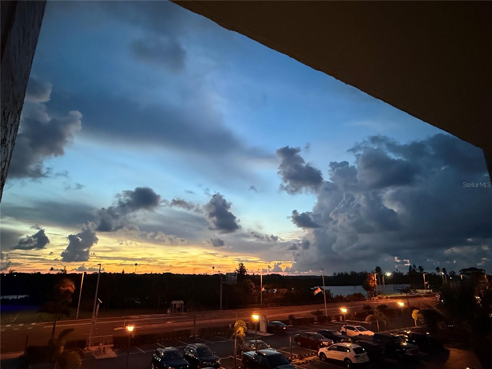 Parking lot and view of water at night