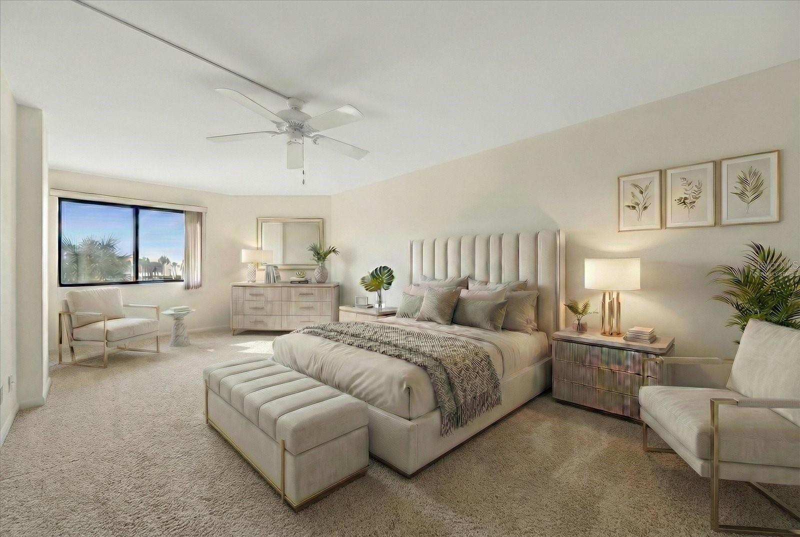 Virtually staged primary bedroom with ensuite bath