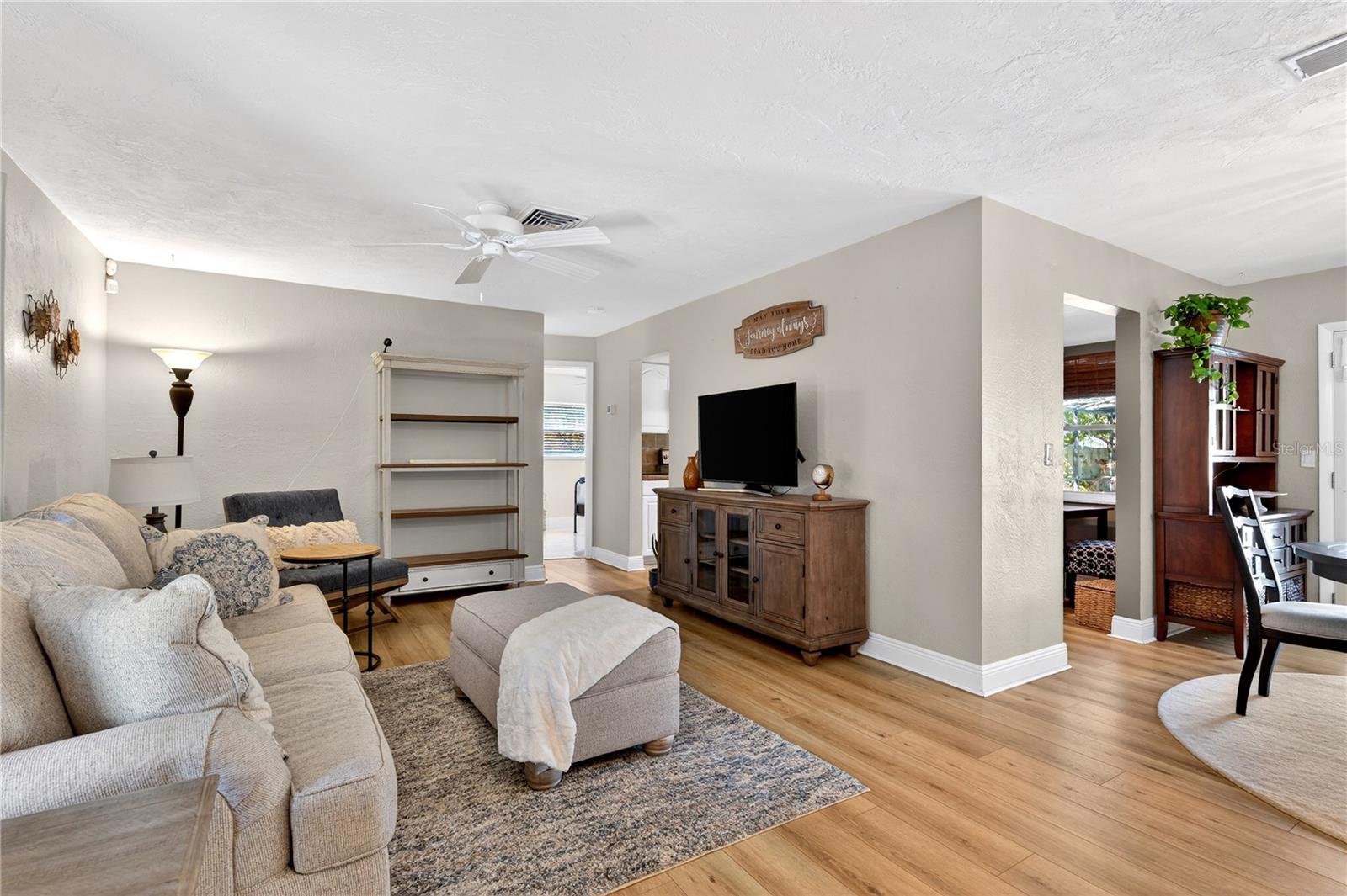 Living room and dining room view from front entryway