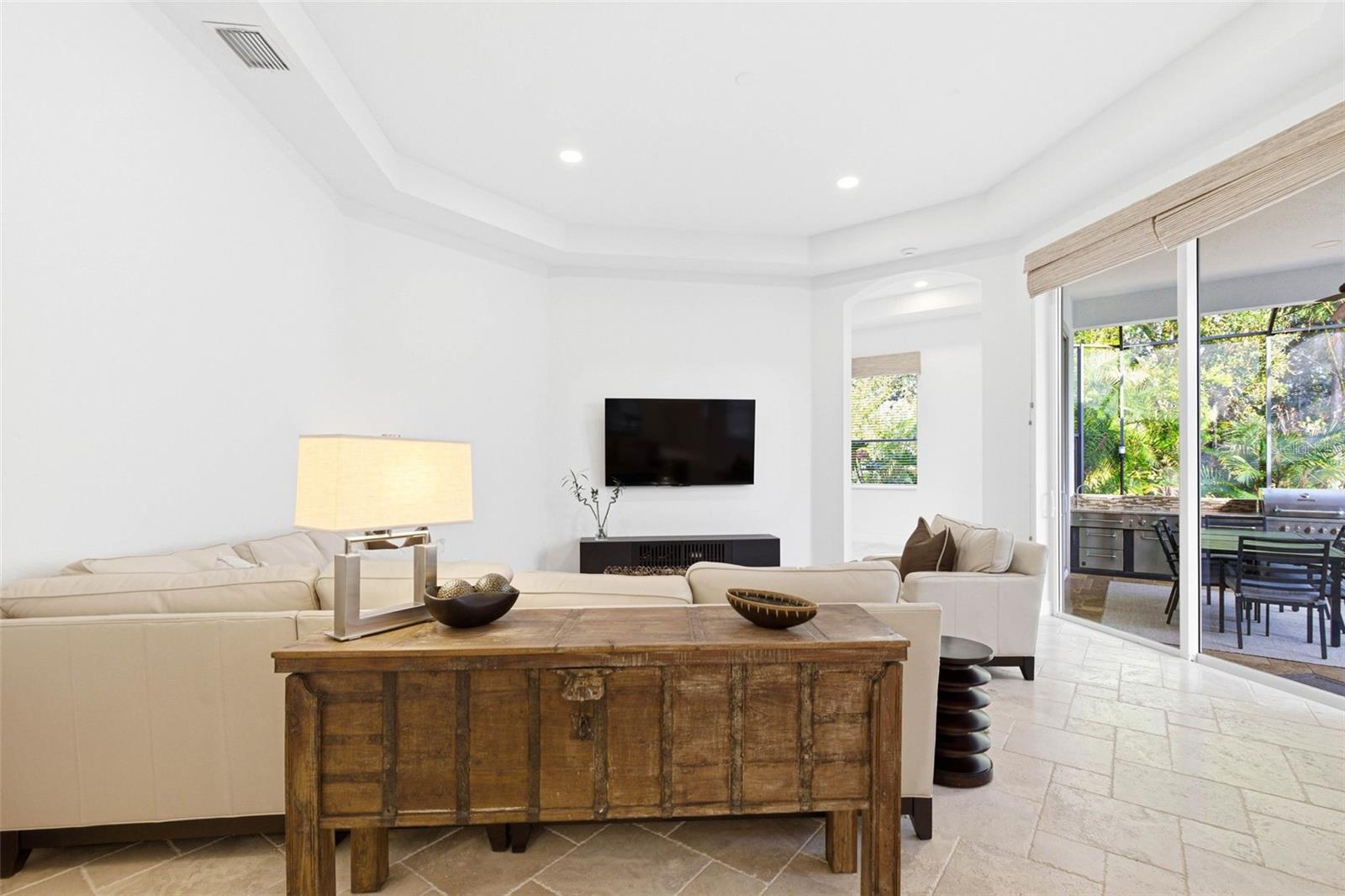 Living Room-Tray Ceilings With Crown Molding & Recessed Lighting