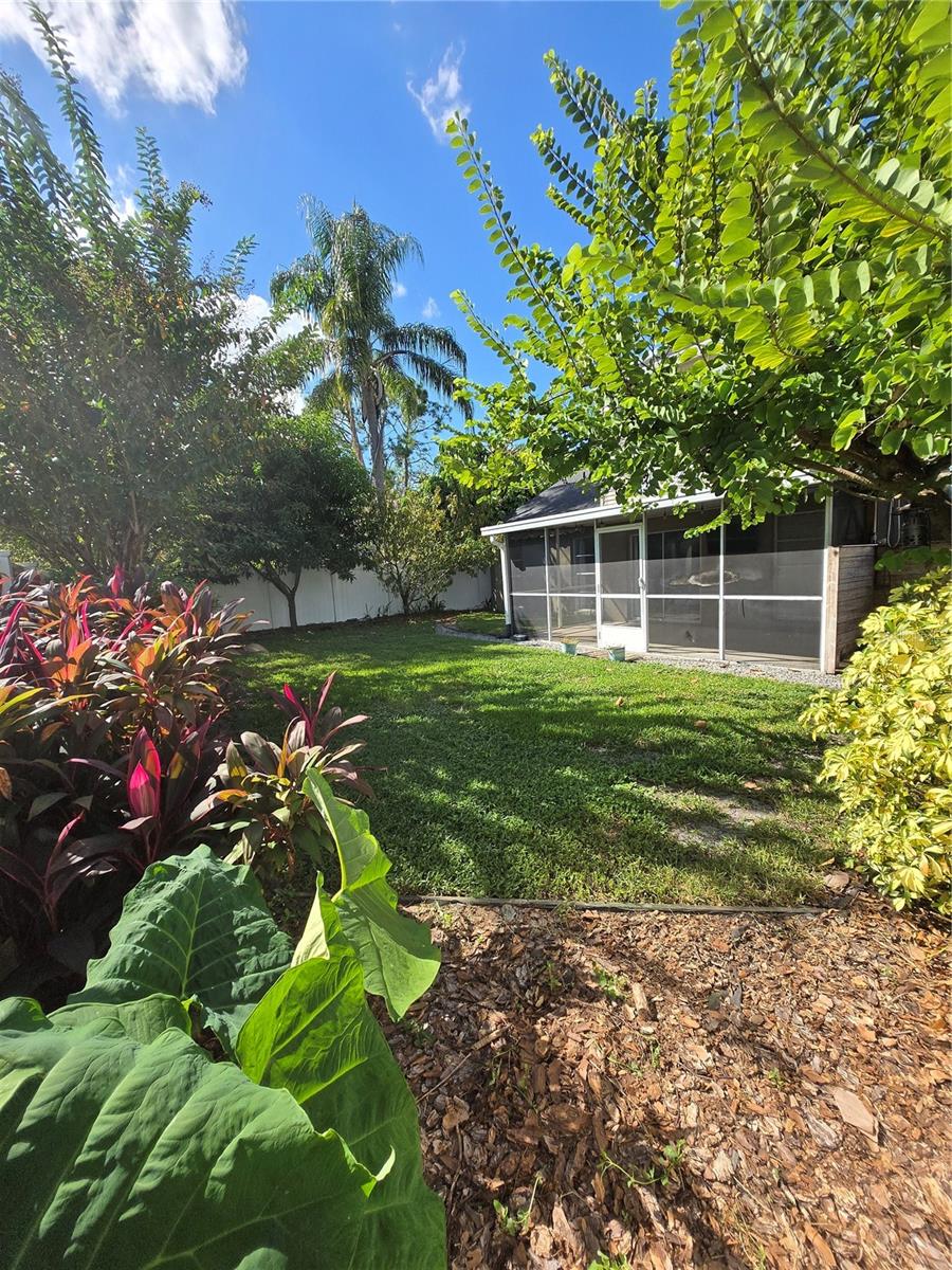 Lush landscaping and fruit trees