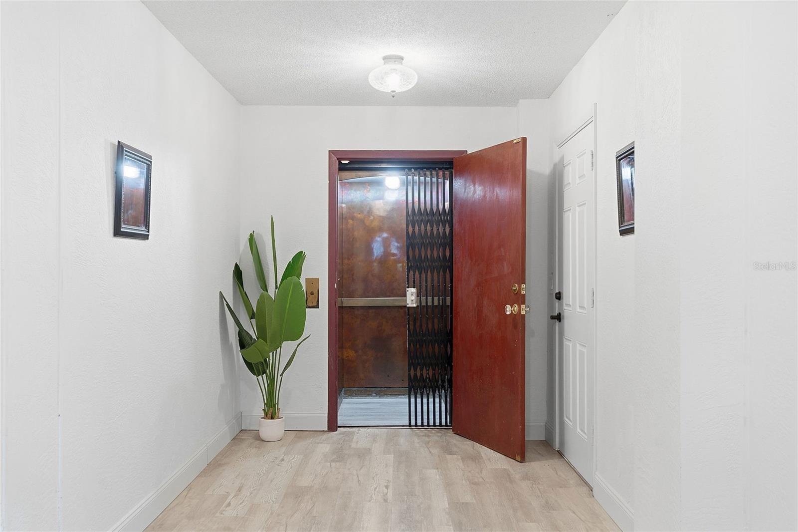 Elevator entry hall with elevator and 2 car garage entry door on the right.