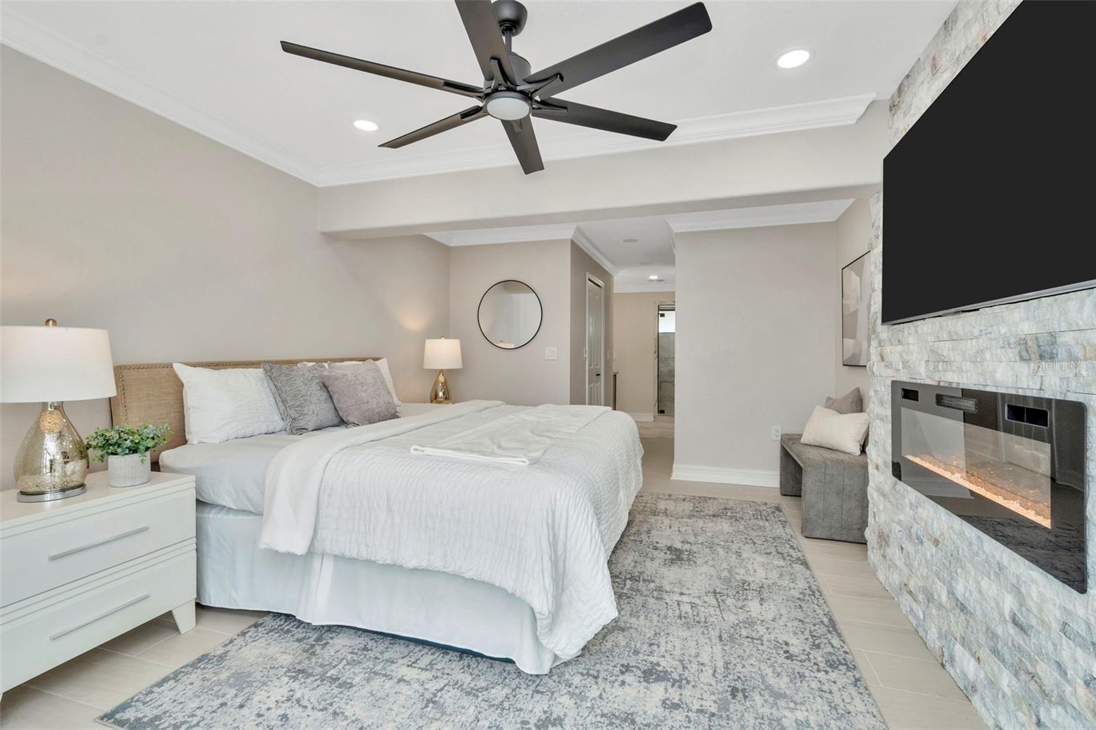 Fireplace, TV installed.