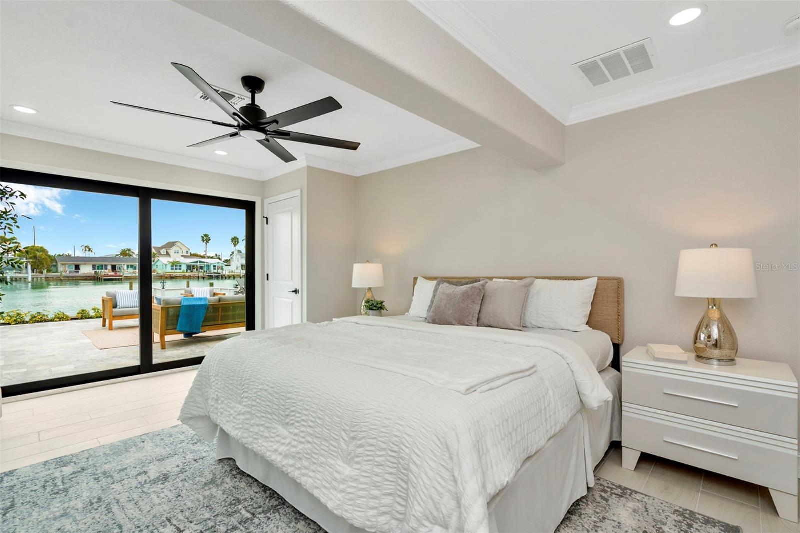 Ceiling fans and water views.