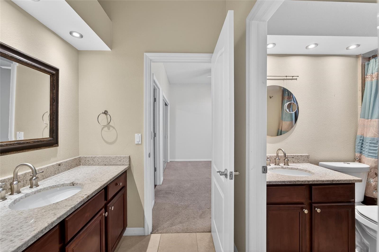 Split vanities, granite counters