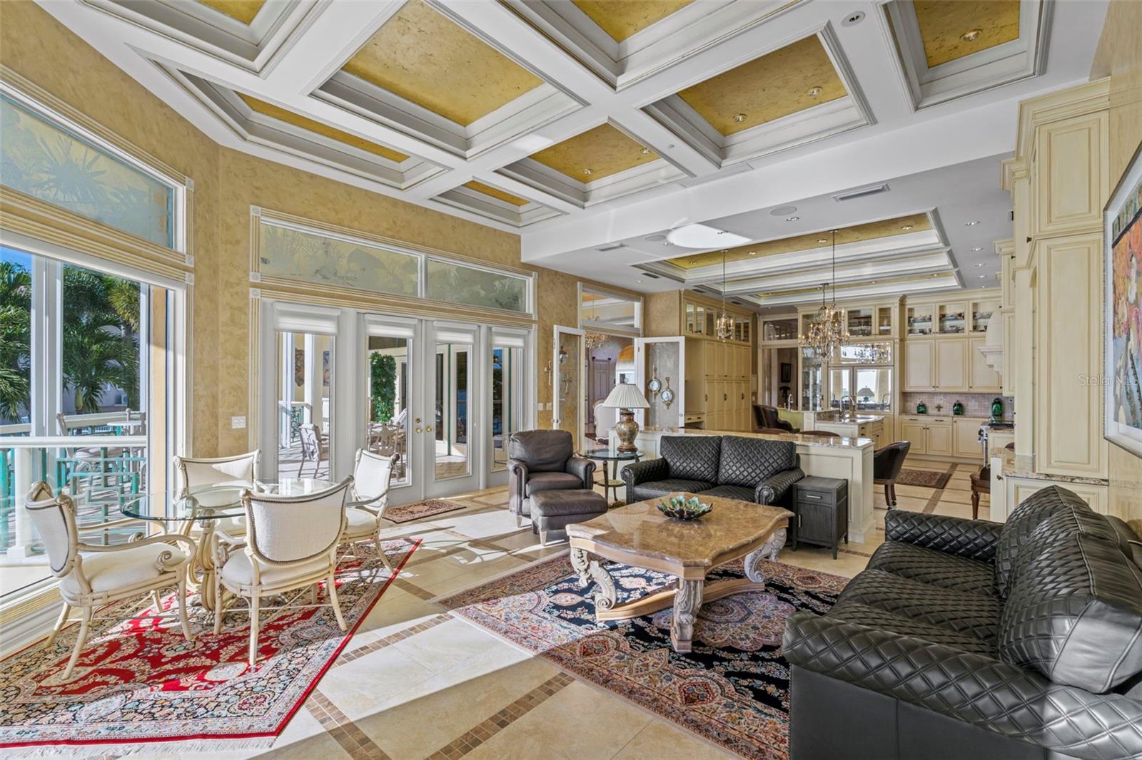 Coffered Ceilings and Etched Glass Transom Windows in the Family Room
