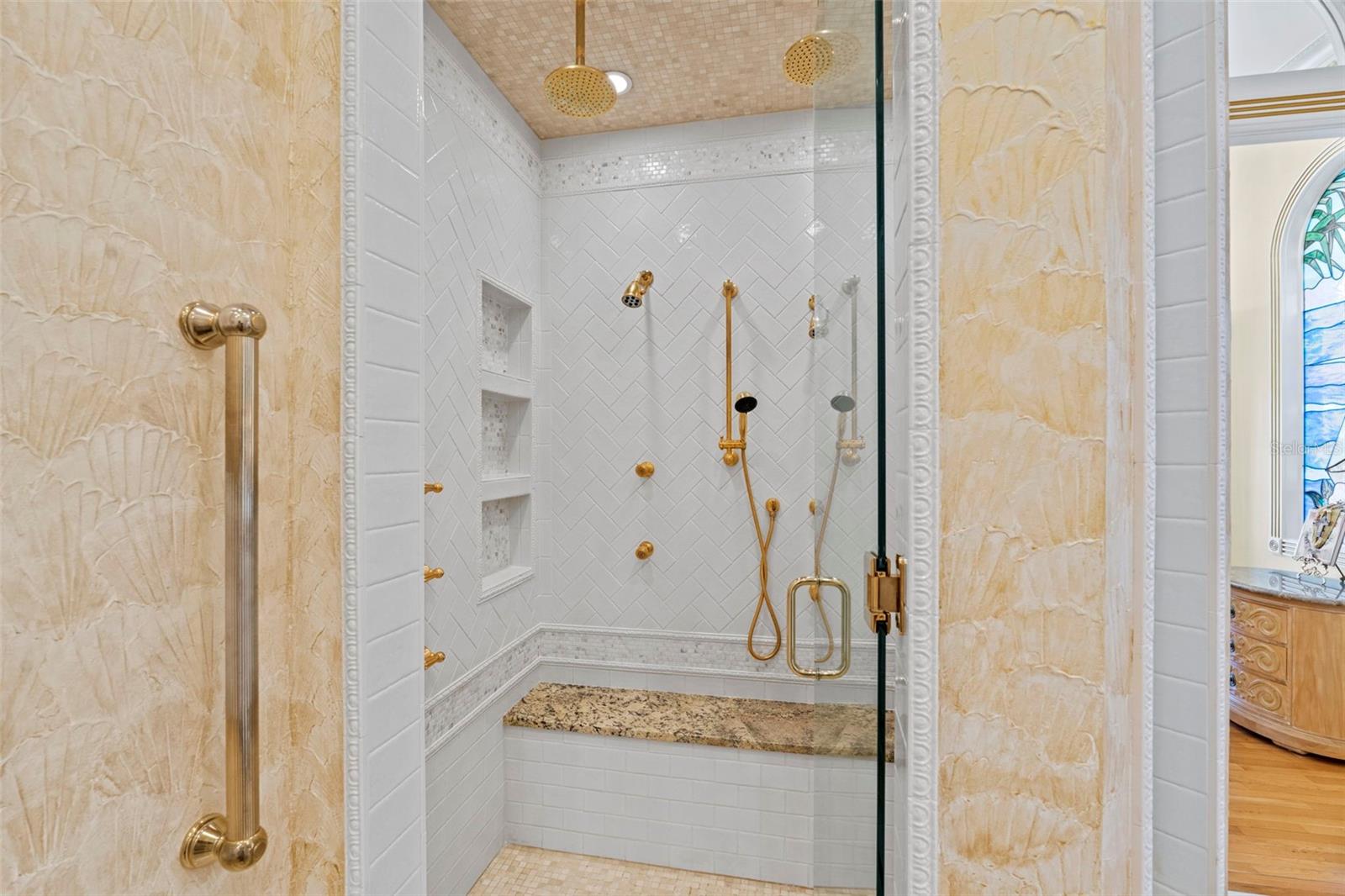 Steam Shower with Multiple Shower Heads and Bench