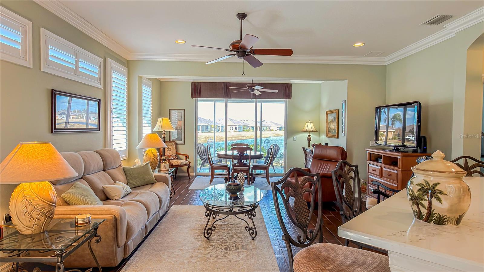 Large living room, with tile wood plank style flooring