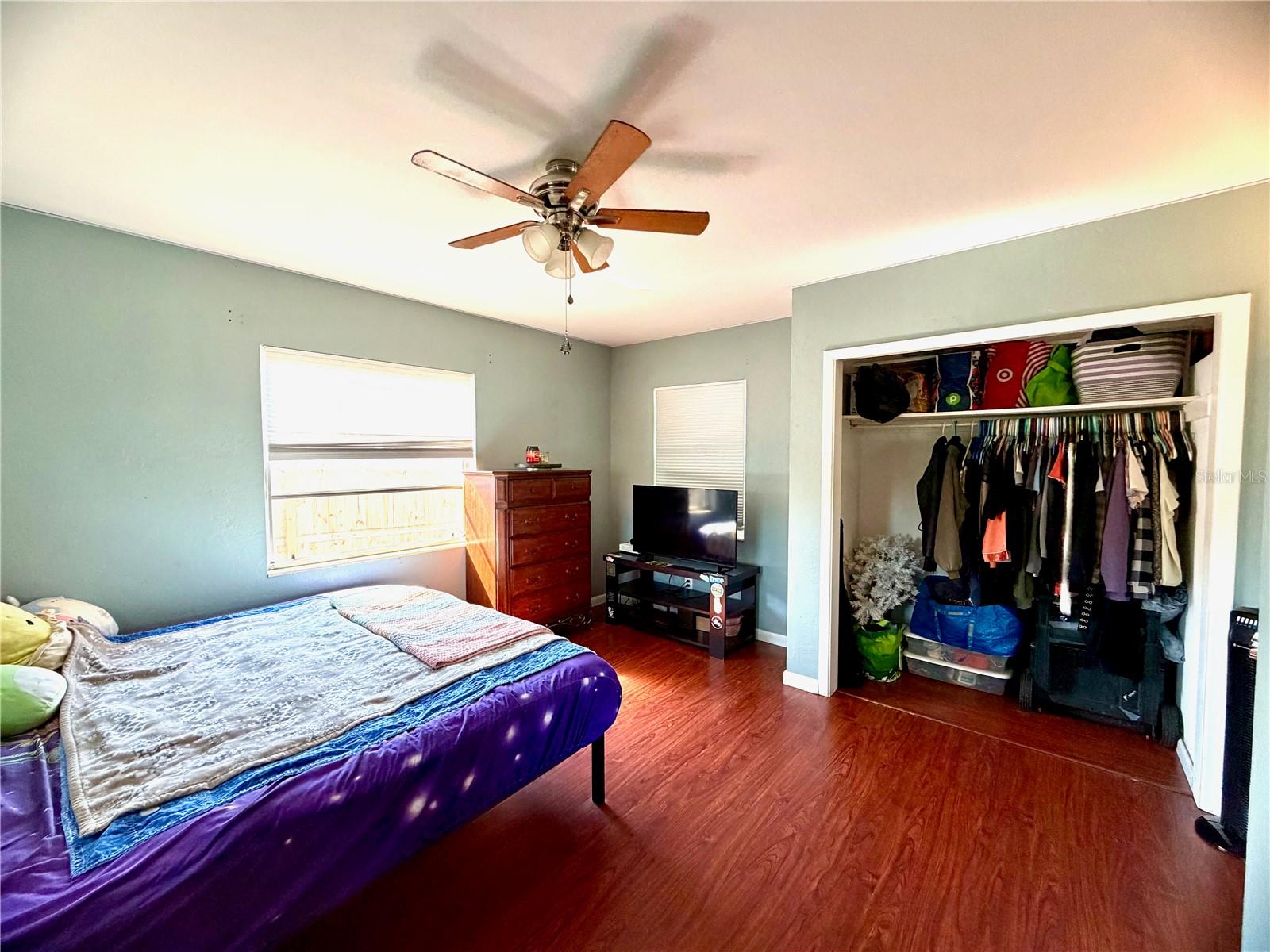 Two closets, 3 windows, and a ceiling fan.