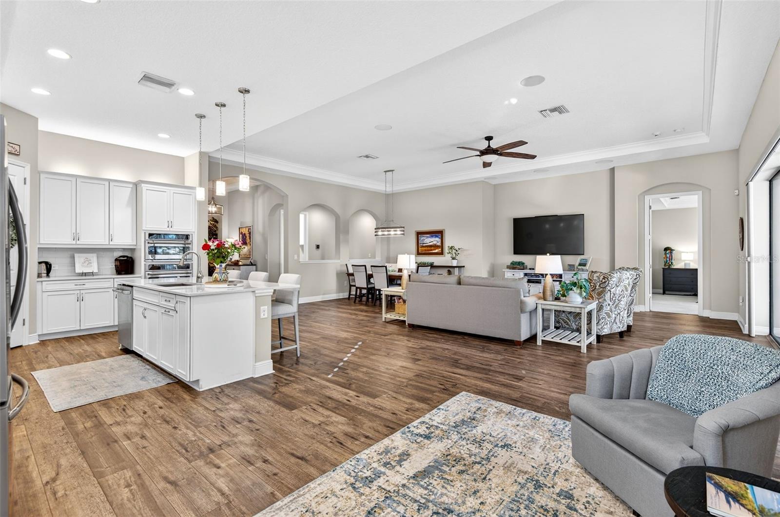 Great room floor plan- combined kitchen, living, dining areas.