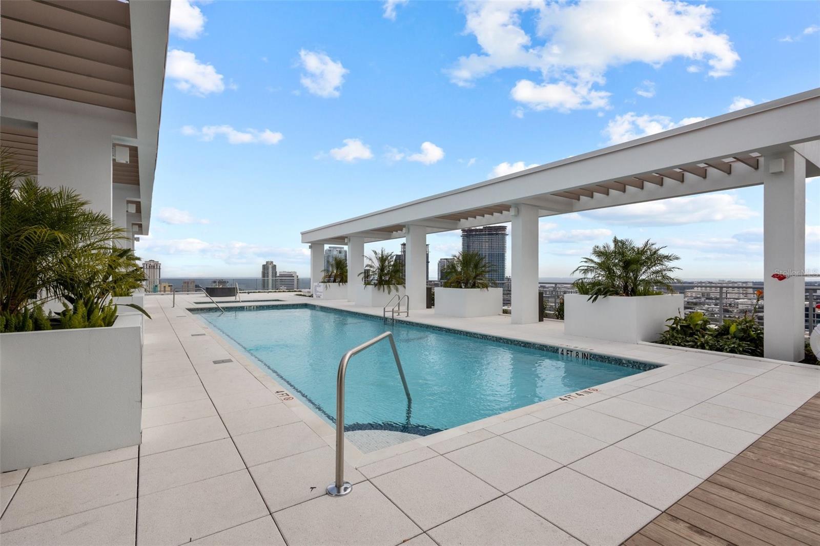 Resort-style rooftop pool and hot tub designed for relaxation with unmatched skyline and water views.