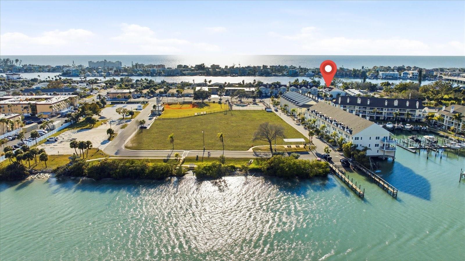 Public boat ramp, dock, tennis courts, and park
