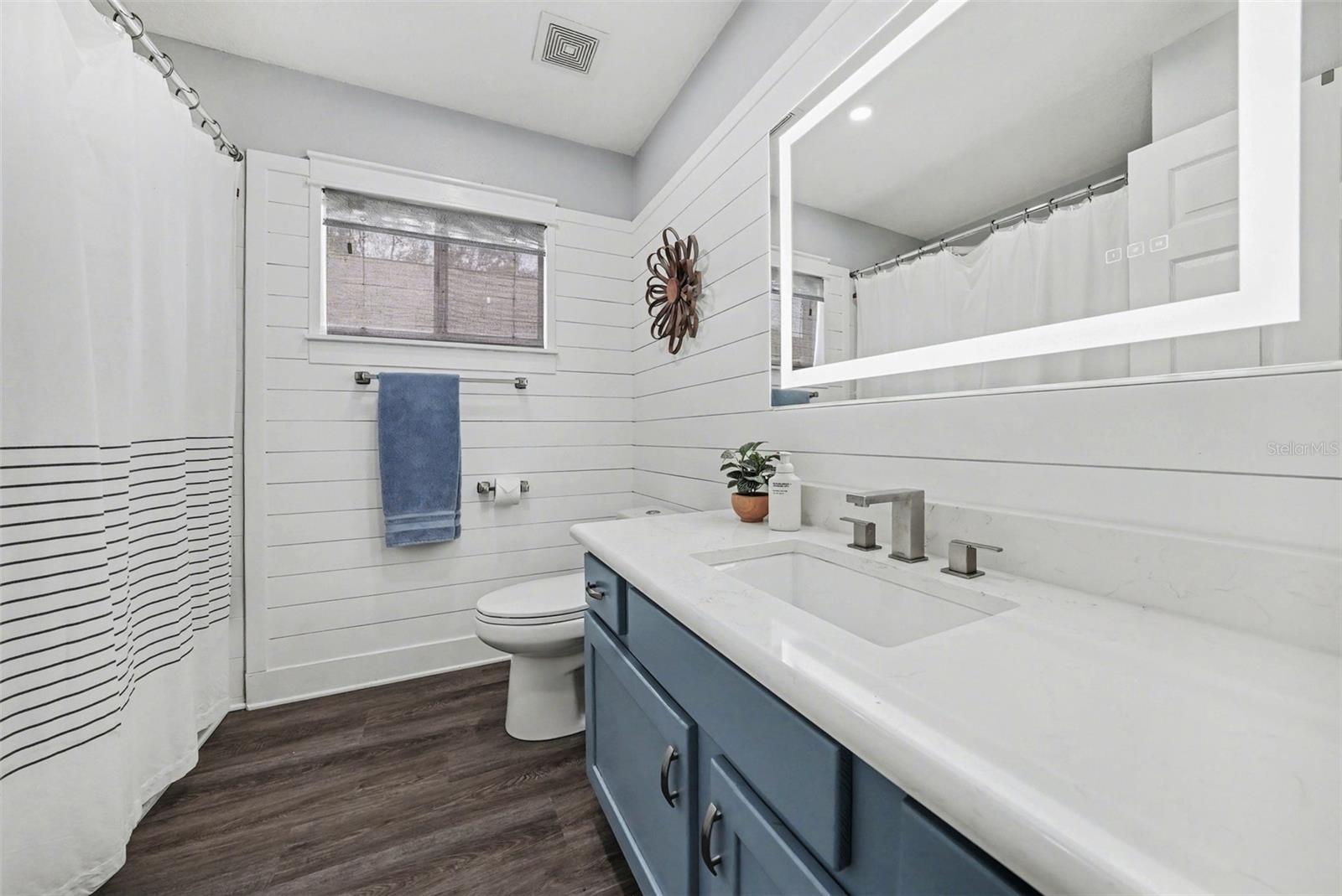 Quartz countertops, LED mirror