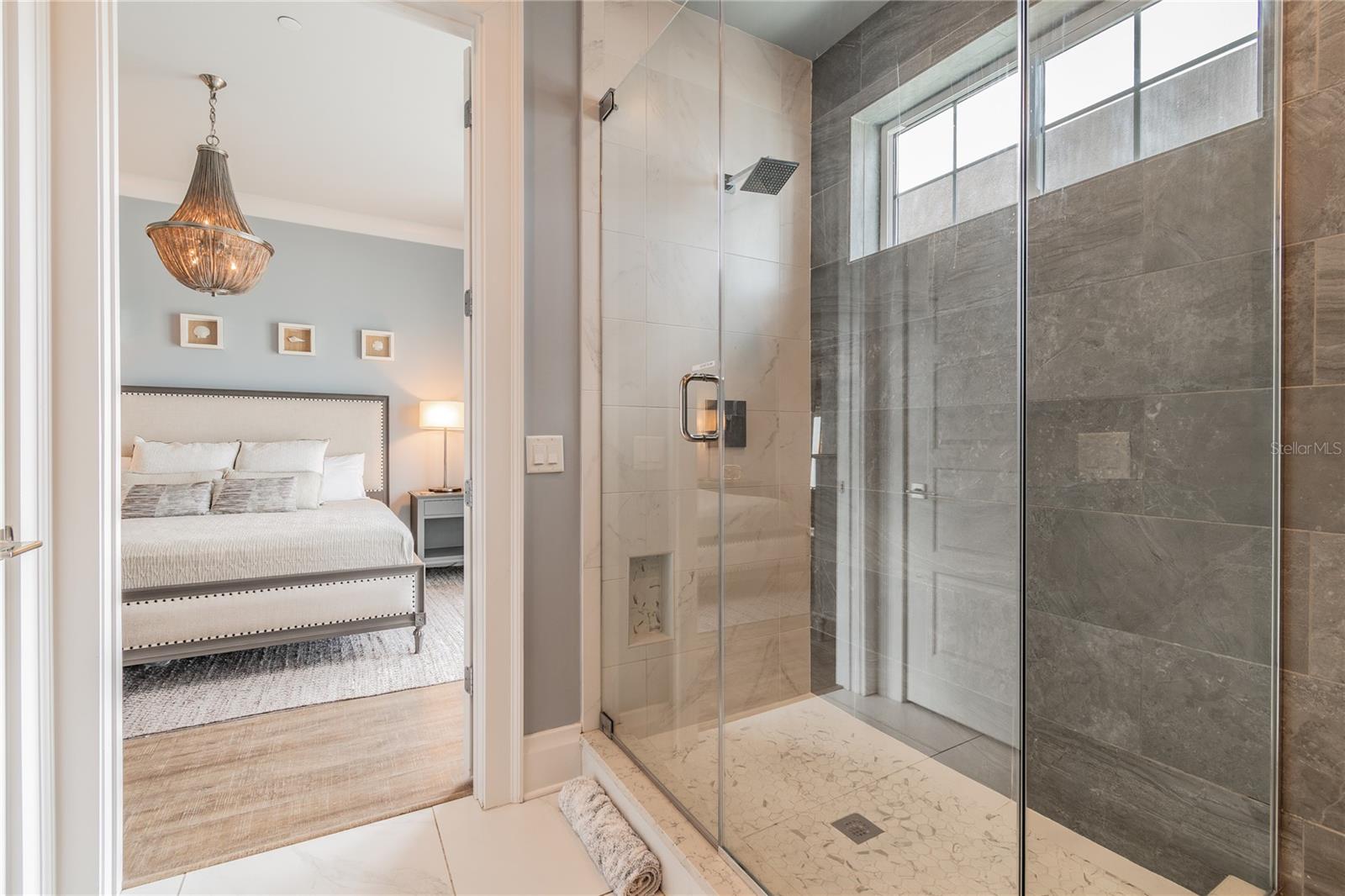 Master Bath with Dual Sinks, Large Walk In Shower, Separate Toilet Area & Custom Walk In Closet