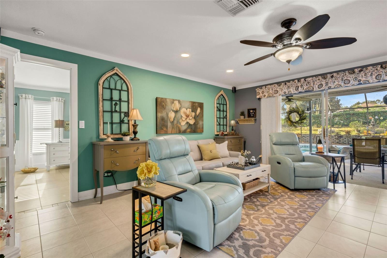 Split plan leads to primary bedroom