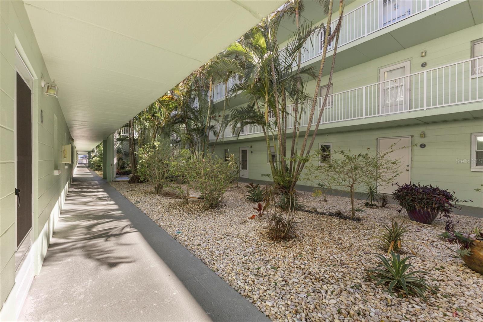 A shaded, open-air breezeway lined with palms and low-maintenance coastal landscaping offers a peaceful, Florida-inspired approach to your first-floor condo.
