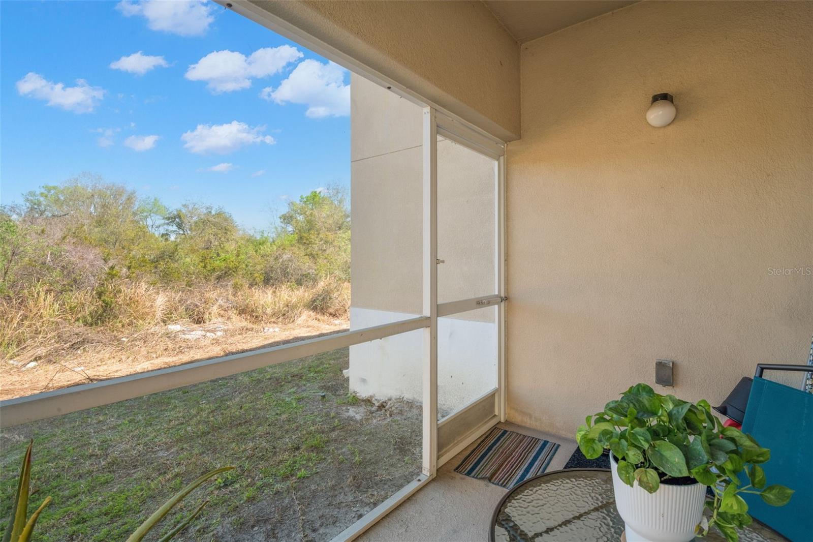Covered and screened patio featuring a secure exterior door and serene wooded views. The open green space beyond enhances the sense of privacy, making this a quiet extension of the living area perfect for year-round Florida outdoor enjoyment.