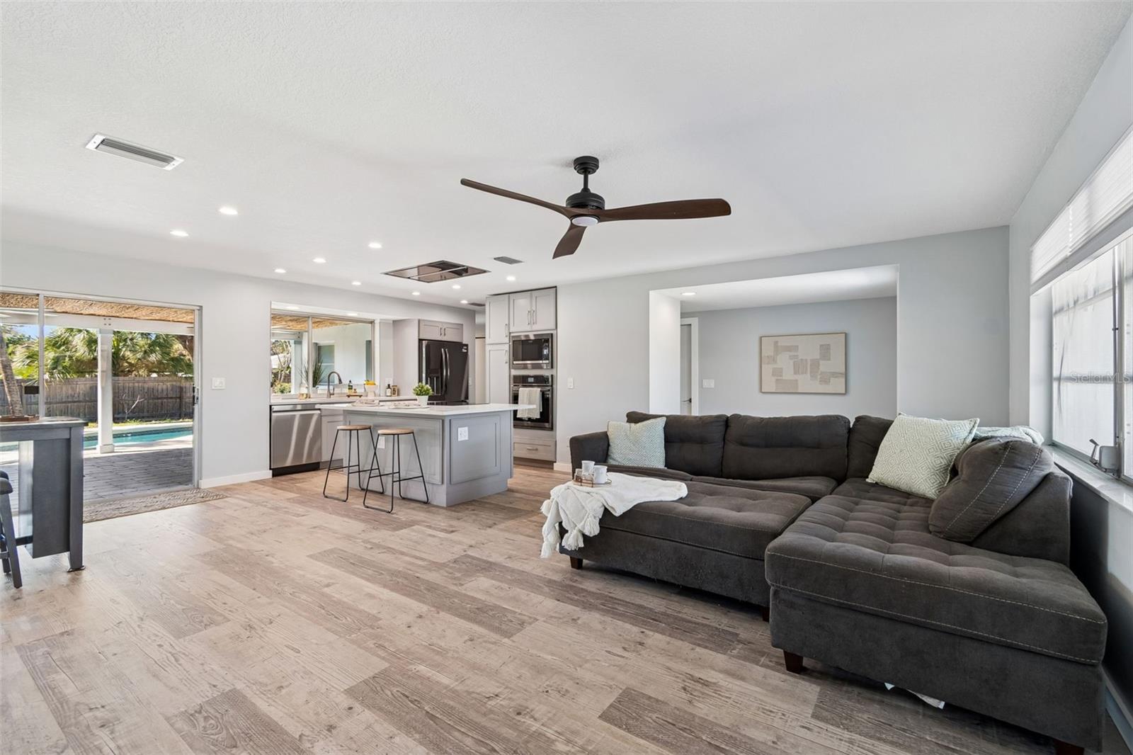 Living Room/Kitchen/Back Patio View