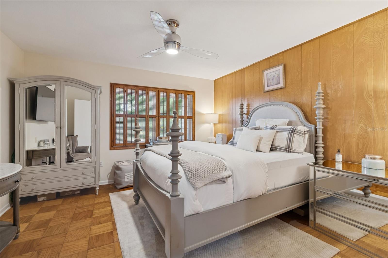Bedroom #2 w/Parquet Flooring & Wood Paneling